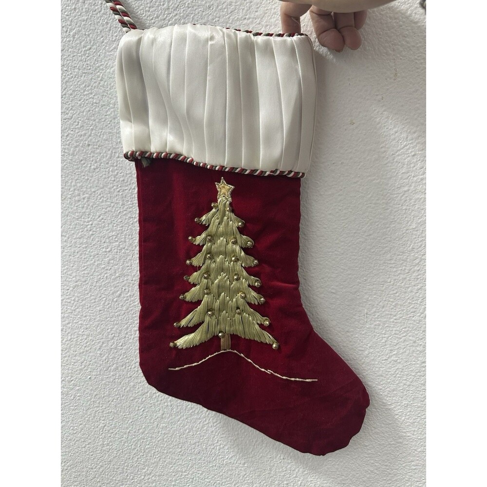 Christmas Stocking Old World Satin Thread Trim Tree Bells Velvet